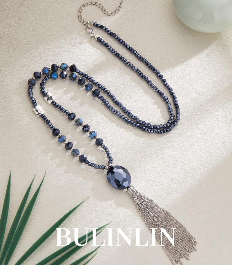 BULINLIN Boho Beaded Long Necklaces for Women Chunky Bead Pendant Necklace with Crystal Tassel Costume Jewelry Gifts for Her - Image 2